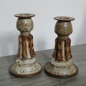 Vintage Pair of Handmade Studio Pottery Candlestick Holders Earth Tones Signed